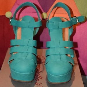 Breckelles Aqua Turquoise T-Strap Wedge Heel